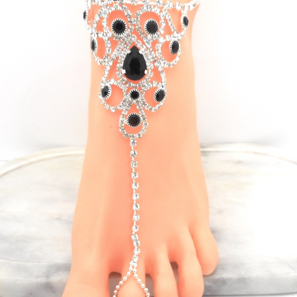 Anklet Toe Ring Slave Ankle Bracelet Clear and Black Crystals